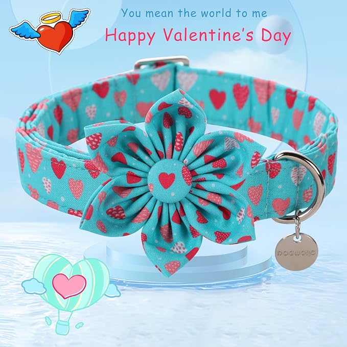 DOGWONG Valentine's Dog Collar with Flower - Blue Heart Adjustable Cotton Heart Dog Collar - Perfect for Small, Medium, Large Dogs