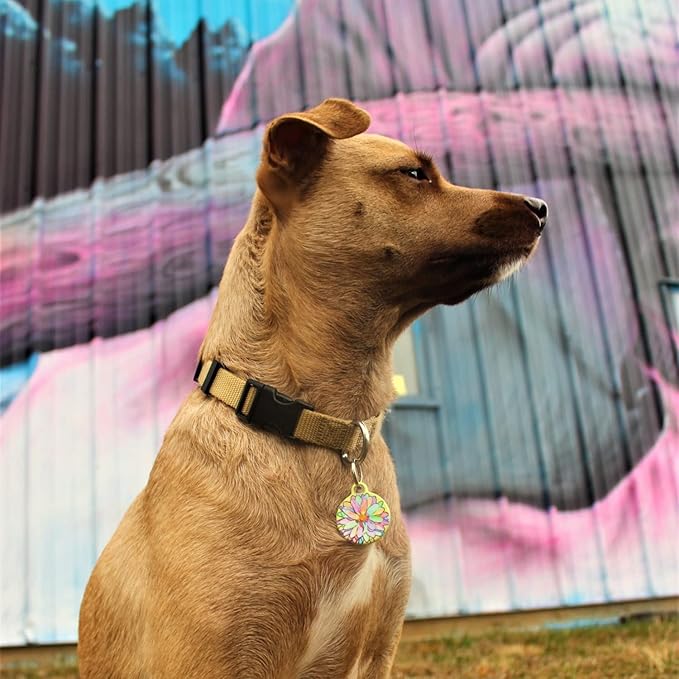 Dog Tag Art Sketched Flower Personalized Pet ID Tag for Dogs and Cats, Silent Polymer Coated Stainless Steel Nametag with Customized Identification Information - Small .875" Diameter