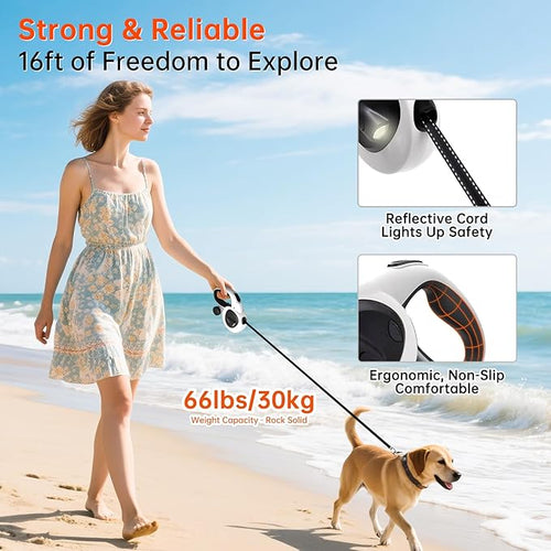 16Ft Retractable Dog Leash with LED Light, Heavy Duty Dog Leash for Small, Medium & Large Dogs Up to 66lbs, 360° Tangle-Free, Dispenser and Poop Bags