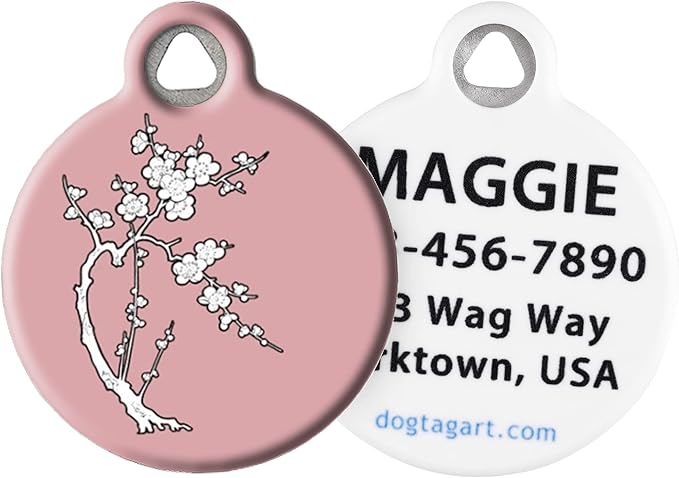Dog Tag Art Cute Flower Custom Pet ID Tag for Dogs and Cats, Personalized Dog Tag with Customized Identification Information, Zen Cherry Blossom, Small (7/8" Diameter)