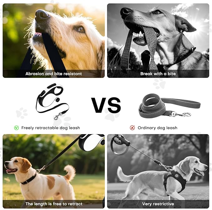 Retractable Dog Leash with Chew Proof Cable,26Ft Heavy Duty Dog Leash for Medium Large Dogs up to 110lbs,360°No Tangle,One-Handed Brake,Pause,Lock(White)