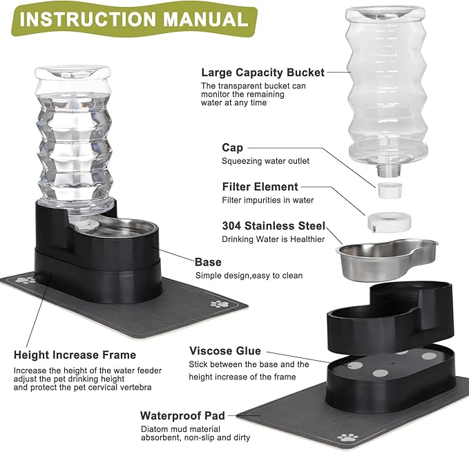 RIZZARI Large Water Dispenser for Dogs: 8L Raised Black Auto-Refill Stainless Steel Waterer - Easy Cleaning - Leak-Resistant - for Senior Dogs with Joint Spine Pain - Garage Garden Use