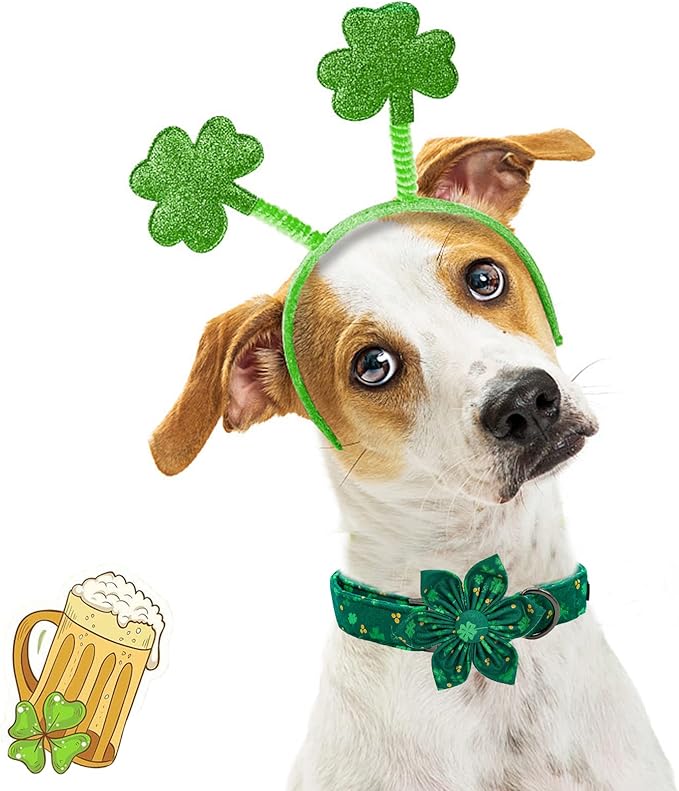 Elegant little tail St. Patrick's Dog Collar, Green Clover Dog Collars Cute Pet Gift Cute Puppy Flower Adjustable Pet Collars for Large Dogs