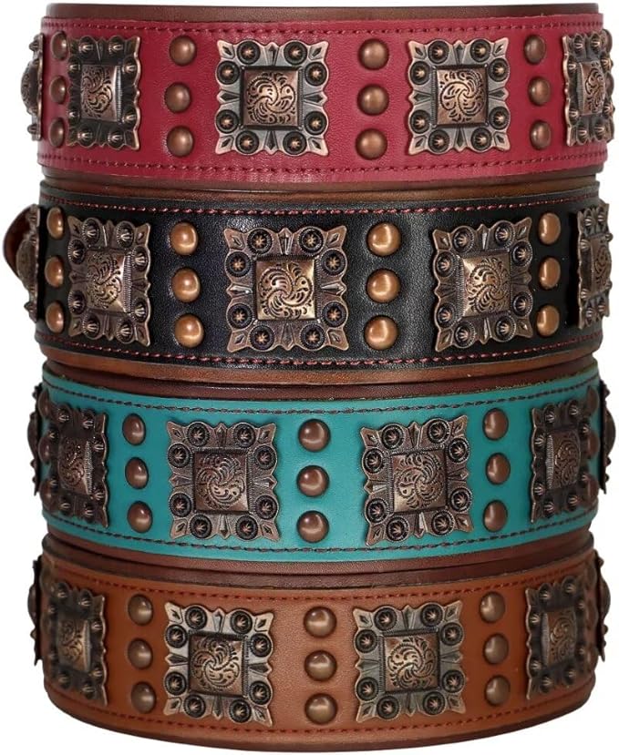 PET ARTIST Genuine Leather Dog Collar for Large Dogs, 2 inch Wide Dog Collar Leather with Rivet Studded & Metal Buckle, Soft Padded & Hand Made for Great Dane Rottweiler,Red,Neck 22-25"