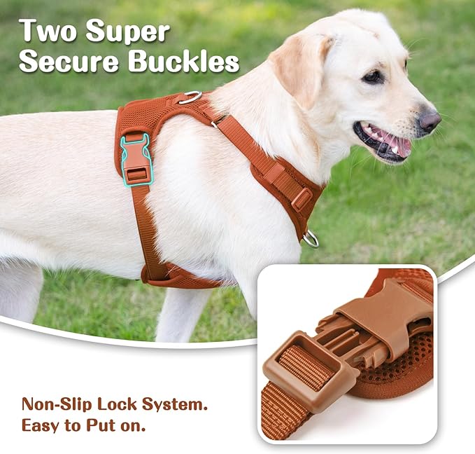 No Pull Dog Harness for Small Medium Large Dogs - Adjustable 2 Layer Mesh Dog Vest with Dual Clip, Escape Proof, Quick Release, Lightweight Breathable Mesh for Walking Hiking (Carmel Brown,L)
