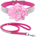 Cute Dazzling Sparkling Elegant Fancy Soft Suede Leather Bling Rhinestone Crystal Jeweled Pet Cat Dog Puppy Collar Dog Leash Combo Set (XXS(Neck 6-8"), Hot Pink-6)