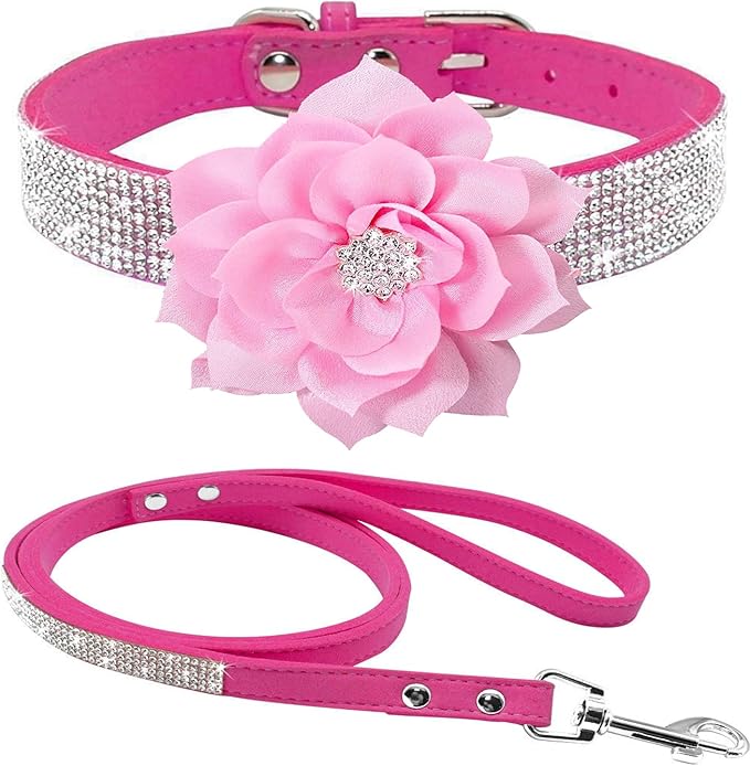 Cute Dazzling Sparkling Elegant Fancy Soft Suede Leather Bling Rhinestone Crystal Jeweled Pet Cat Dog Puppy Collar Dog Leash Combo Set (L(Neck 15-18"), Hot Pink-6)
