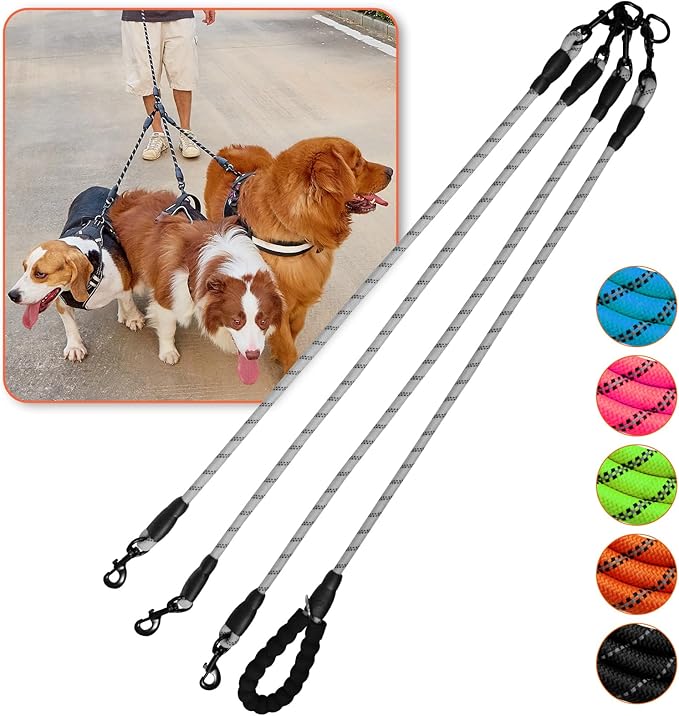 Three Dog Leash No Tangle Triple for 3 Dogs,360 Swivel No Tangle Walking Leash for 3 Dogs with Reflective for Large Medium Small Dogs