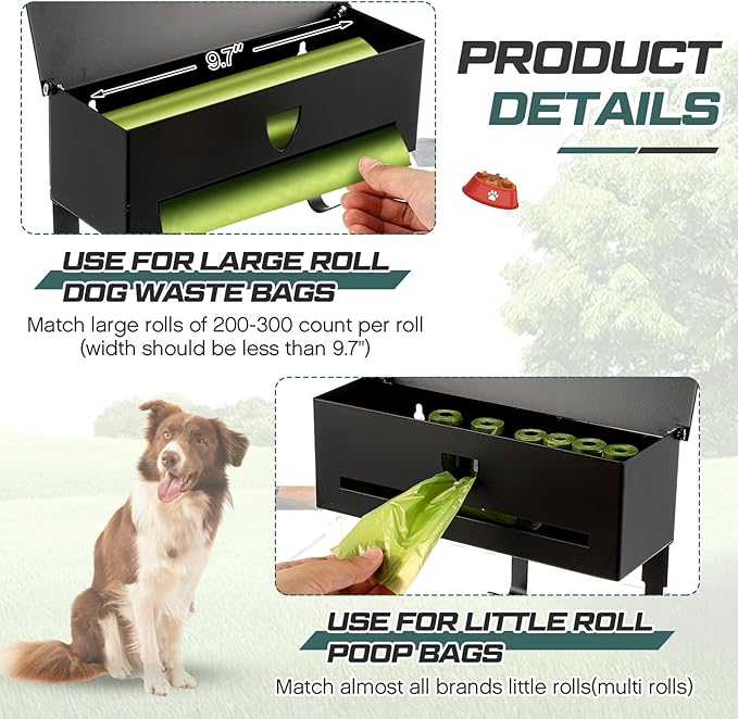Blulu Wall Mount Dog Poop Bags Dispenser Holder with Hooks Metal 200/300 Single Large Roll Pet Waste Station Bags Dispenser for Outdoor Indoor Home Yard Doggy(Black)