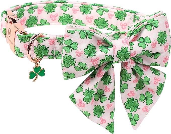 DOGWONG St. Patrick's Day Shamrock Dog Collar with Sailor Bow,Pink Green Four Leaf Clover Pattern Dog Collar, Adjustable Durable Soft Collars Irish Gift for Girl Female Puppy,XS