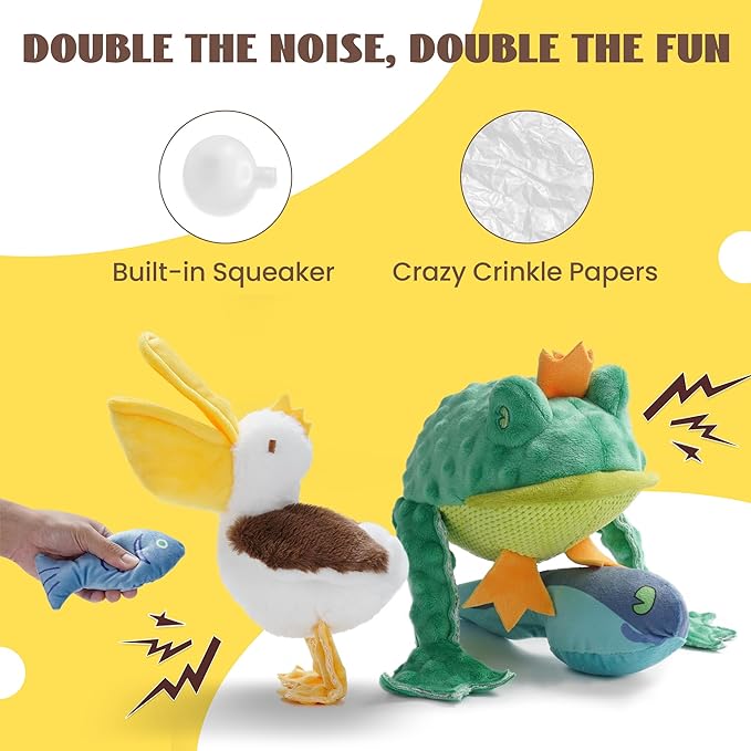 Nocciola Rip and Reveal Squeaky Dog Toys 2 Pack, Plush Animal Puzzle Set Frog & Pelican Suprise Toys Inside with Squeaker Crinkle Part Enrichment Toys for Large Medium Dogs
