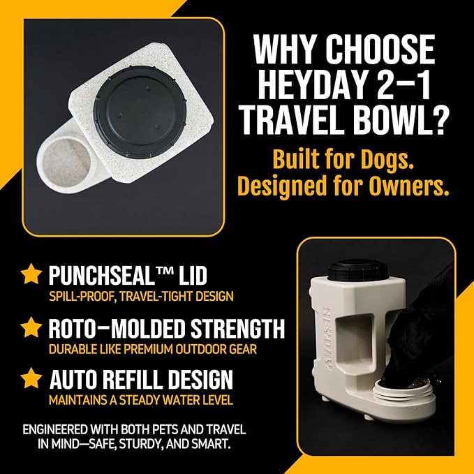 Heyday 2-1 Travel Slow Water Bowl for Dogs—Storage with Spill-Proof Lid, BPA-Free Heavy-Duty Roto-Molded Plastic, Keeps Contents Fresh, Made in USA, Holds Up to 3 Gallons.
