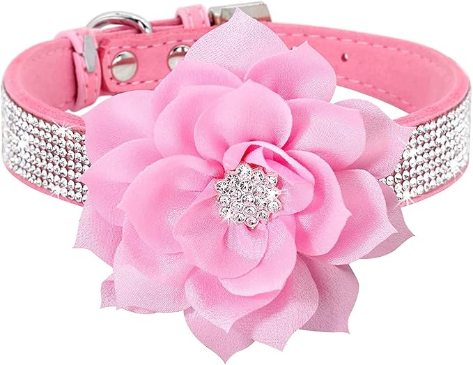 Cute Dazzling Sparkling Elegant Fancy Soft Suede Leather Bling Rhinestone Crystal Jeweled Pet Cat Dog Puppy Collar Dog Leash Combo Set (L(Neck 15-18"), Pink-6)