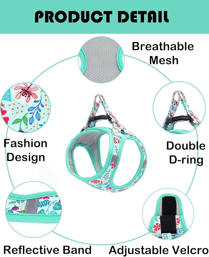Moonpet Step in Dog Harness Leash Set- All Weather Reflective No-Pull Floral Pattern Padded Mesh Vest Harness for Cats Puppy Extra-Small Small Medium Large Dogs - Verdure Flower - XL