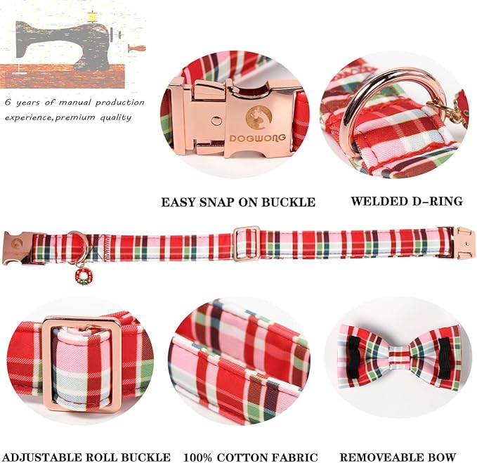 DOGWONG Christmas Dog Collar with Bow Tie - Christmas Red Plaid Puppy Collar, Adjustable Red Checkered Dog Collars for Girl Boy Dogs, L