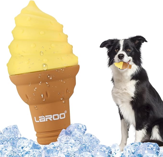 LaRoo Dogs Toys for Summer Cooling, Frozen Dog Toys, Full with Water Frozen, Prevention of Heat Stroke Upgraded Teething Chew Toy (Dog Ice Cream Shape-Yellow).