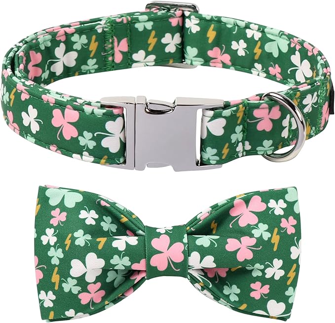 Lionet Paws St. Patrick Dog Collars with Bow tie,Cute Pink Clover Green Dog Collar Bow Tie for X-Large Dogs Female, Neck 16-26 inches