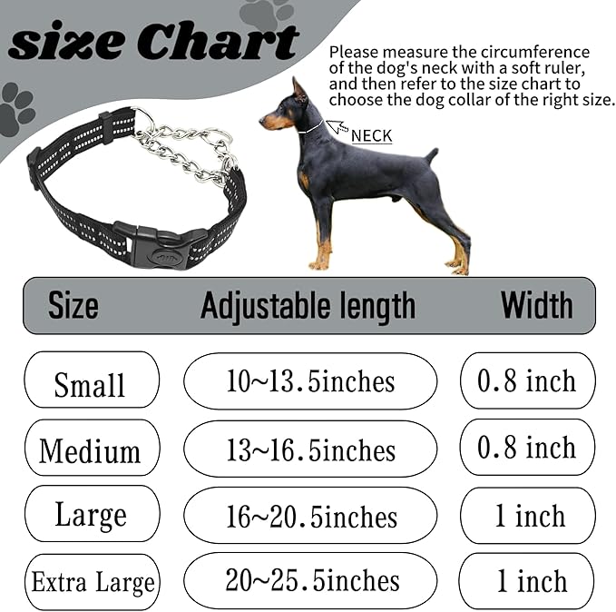 Martingale Dog Collars, Reflective Nylon Collar with Stainless Steel Chain, Adjustable Walking Training Dog Collars with Quick Release Buckle, Suitable for Small Medium Large Dogs(Black,S)