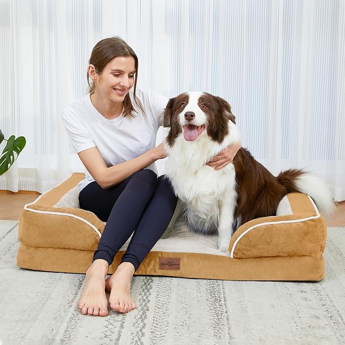 Comfort Expression Orthopedic Dog Bed for Extra Large Dogs 53x42 Inch, Waterproof Supportive Egg Crate Foam XXL Pet Bed with Removable Bolster, Dog Couch with Washable Cover & Non-Slip Bottom, Caramel