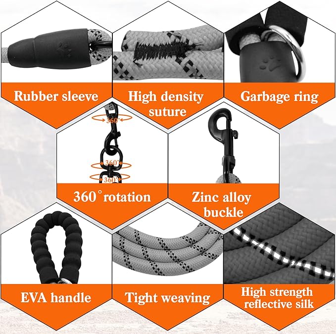 4 Way No Tangle Dog Leash - 360° Swivel Leash for Four Dogs, Reflective Design for Small Medium Large Dogs (Grey, 4 Way)