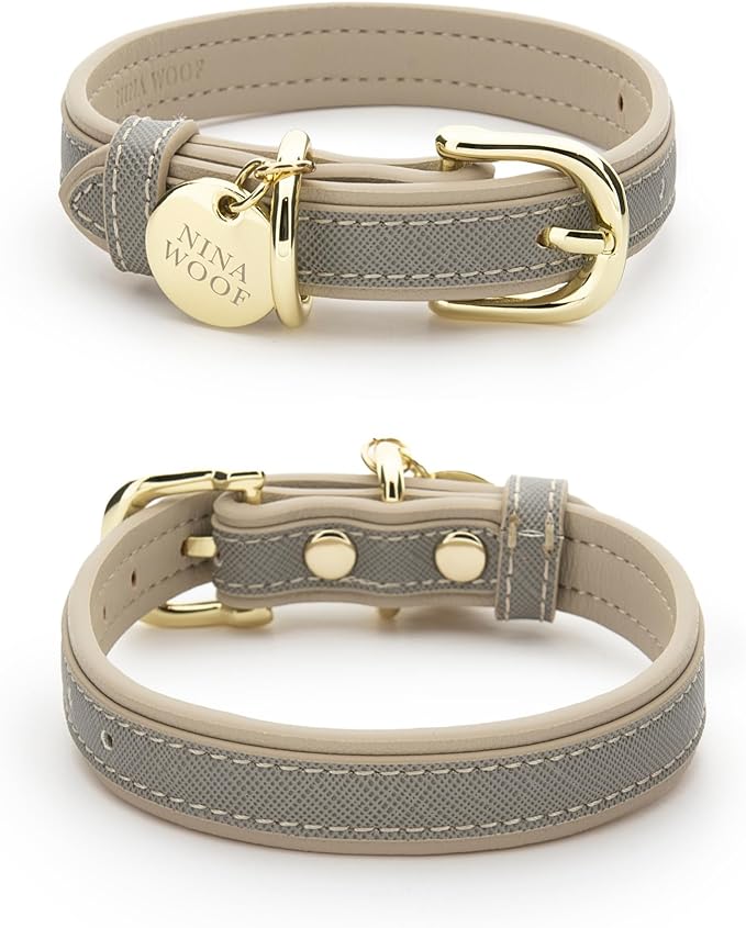 Nina Woof London Vegan Leather Dog Collar - Luxury Cute Adjustable Buckle Collar for Small to Large Dogs - Padded Grey Over Beige, Extra Small