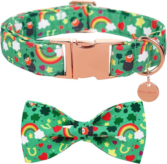 DOGWONG Green Lucky Clover Shamrock Dog Collar with Bowtie, Soft Adjustable St. Patrick's Day Lucky Charm Puppy Collar for Small Medium Large Dog