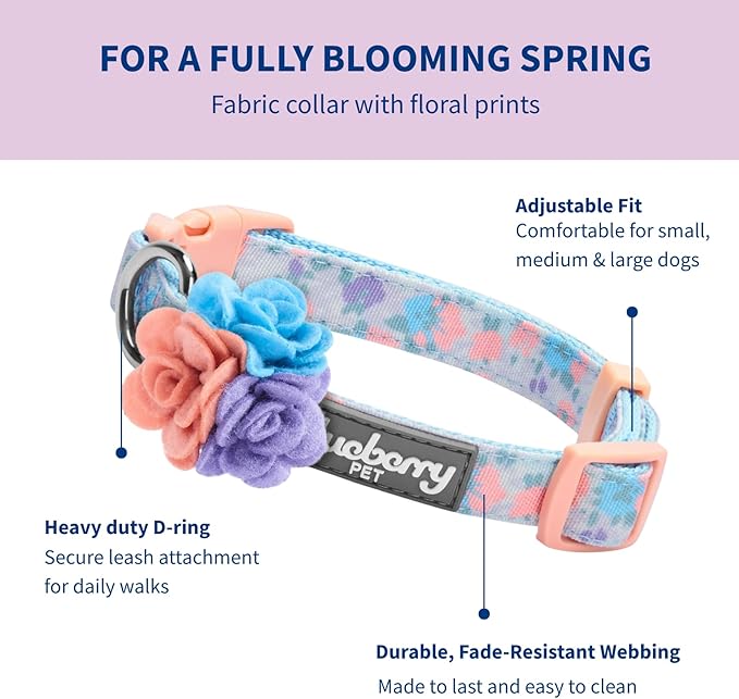 Blueberry Pet Made Well Lovely Floral Print Adjustable Dog Collar in Lavender with Detachable Flower Accessory, X-Small, Neck 7.5"-10"