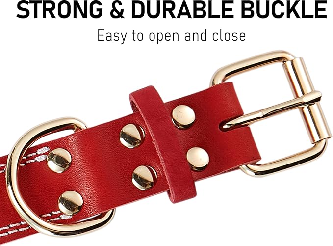 Dog Collar,Genuine Leather Dog Collar,Heavy Duty Dog Collar for Small,Medium,Large and Extra Large Dog (M: 1" Wide for 15.2"-19.2" Neck,Dual Stitch - Red)