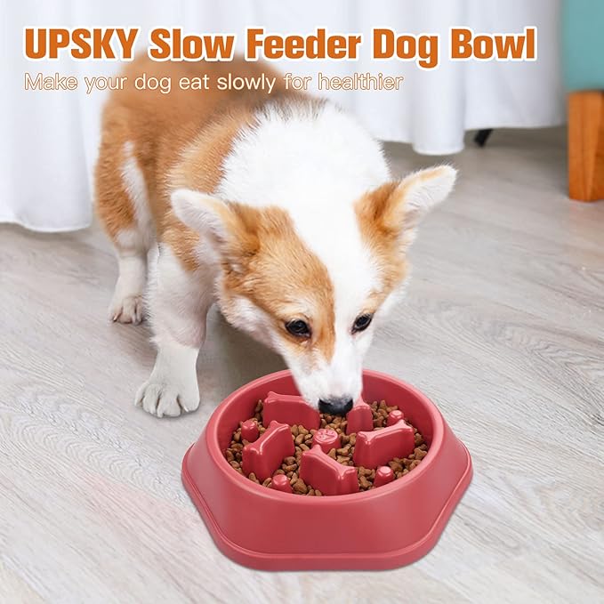 UPSKY Slow Feeder Dog Bowl Anti-Chocking Slower Feeding Puzzle Bowls, Interactive Bloat Stop Dog Food Dishes Non-Slide Lick Treat Bowl for Small Medium Dogs (Red)