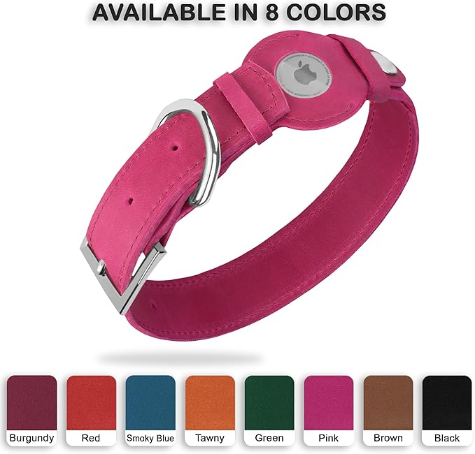 Leather Dog Collar with Airtag Holder - Apple Air Tag Dog Collars - Soft Tracking GPS Pet Collar for Small Medium Large Dogs Breed Puppy (Pink, L, 15"-19" Neck Fit)