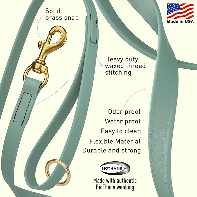 Viper Biothane K9 Working Dog Leash Waterproof Lead for Tracking Training Schutzhund Odor-Proof Long Line with Solid Brass Snap for Puppy Medium and Large Dogs 20in, Sage Green