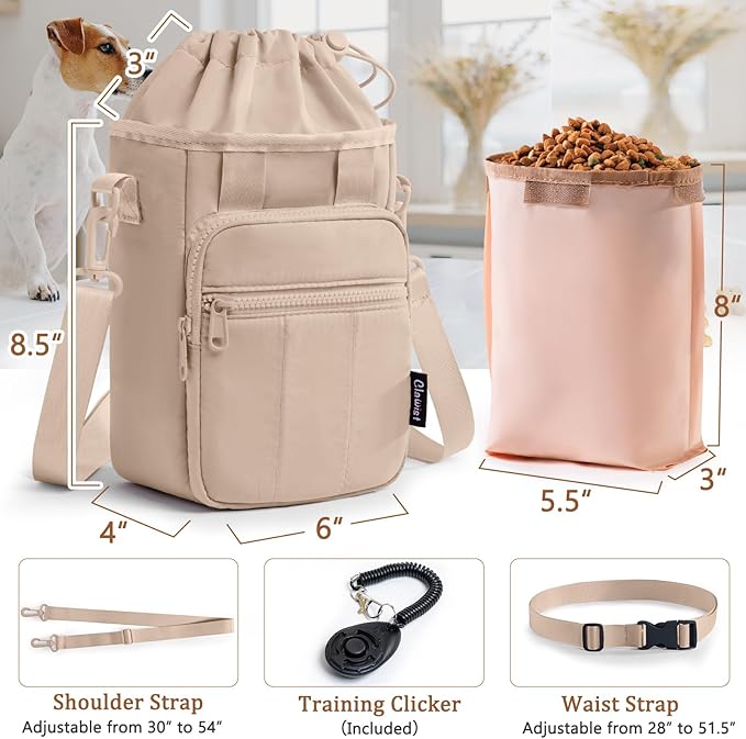 Stylish Dog Training Treat Pouch with Waist & Shoulder Strap, Dog Treat Bag for Walking and Training, Removable Waterproof Liner, Drawstring Treat Holder with Front Pocket & Clicker