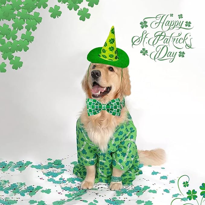 DOGWONG St.Patrick's Day Dog Collar Green Clovers Plaid Bowtie Dog Necklace Adjustable Dog Collar Bow Tie for Small Medium Large Dogs