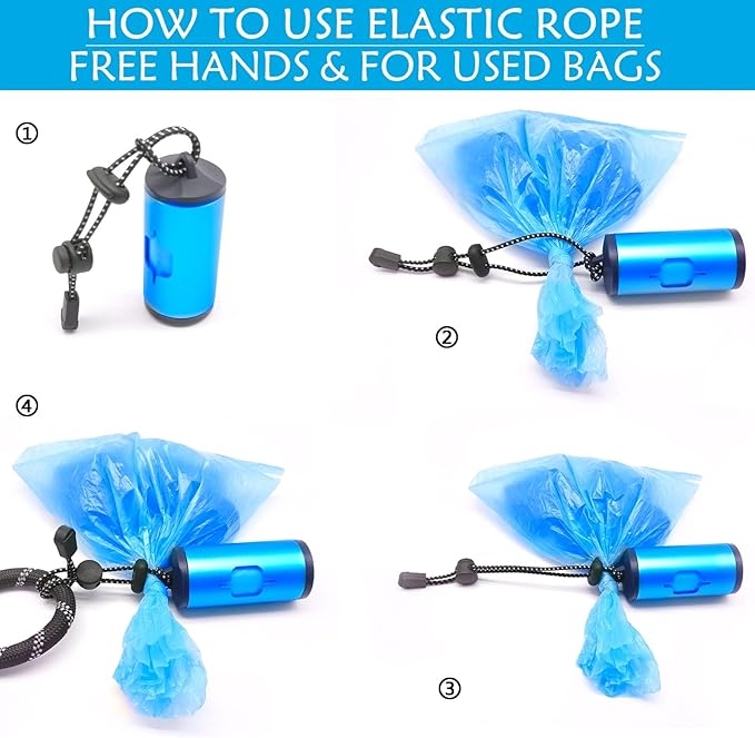 Aluminum Dog Poop Bags Holder with Carabiner Metal Pet Waste Bags Dispenser with Hook and Loop Fastener and Elastic Cord to Carry Used Bags (Blue, 2 Holder 30 Bags)