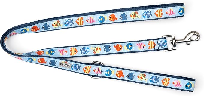 THE WORTHY DOG Stylish Fishy Patterned Leash for Dogs, Solid Nickel Plated - Blue, Small