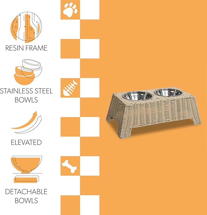 DBL4000F Serenity 6.9" Small/Medium Elevated Wicker Pet Feeder with 18oz (2.2 Cups) 2-Stainless Steel Bowls, Almond