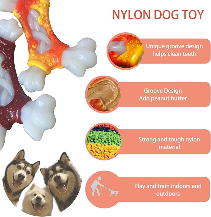 2 Pack Tough Dog Toys, Toys for Aggressive Chewers Medium Large Breed, Chew Dogs, Bone Toy Nylon Dogs Almost Indestructible