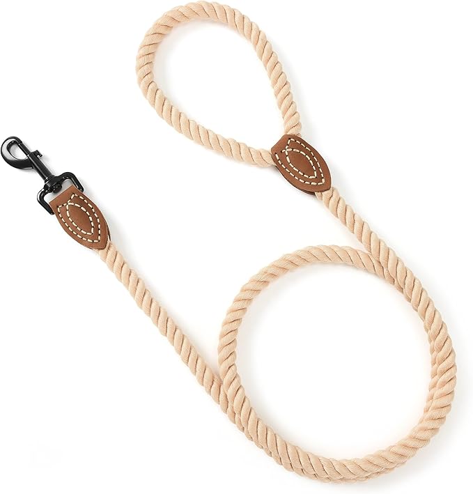 Mile High Life Dog Leash, Braided Cotton Rope Leashes with Leather Tip - Heavy Duty Metal Clasp, 6FT, 1/2" Thick - Wedding, Walking & Training Leash for Small Medium Large Dogs (Light Brown)