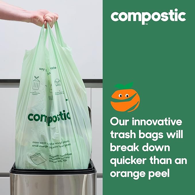 Compostic Home Compostable Trash Bags, 13 Gallon Tall Kitchen Rubbish Bags, Extra Strong & Quickly Breaks Down, 100 Count