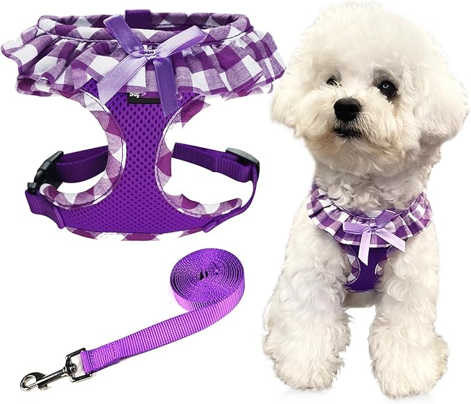 SuperBuddy Upgraded Soft Mesh Dog Harness, Super Breathable Lightweight Pet Harnesses for Puppy Dogs Outdoor Walking, Purple Dog Harness and Dog Leash Set Packing -Medium