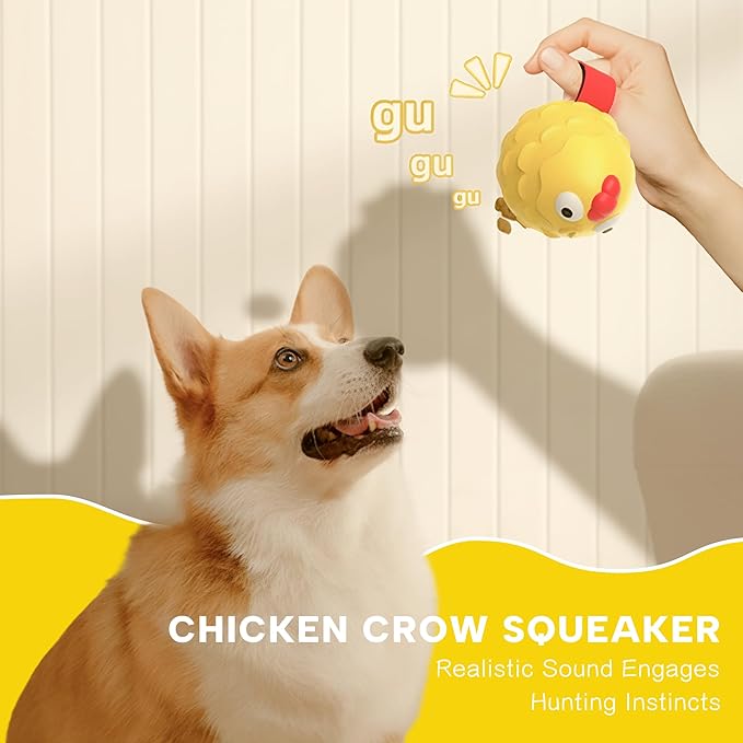 Interactive Dog Toy Ball - Squeaky Treat Dispenser, Pull Handle & Wobble Puzzle, Durable Natural Rubber Chicken Chew Toy for Boredom Relief, IQ Training for Small Medium Large Dogs