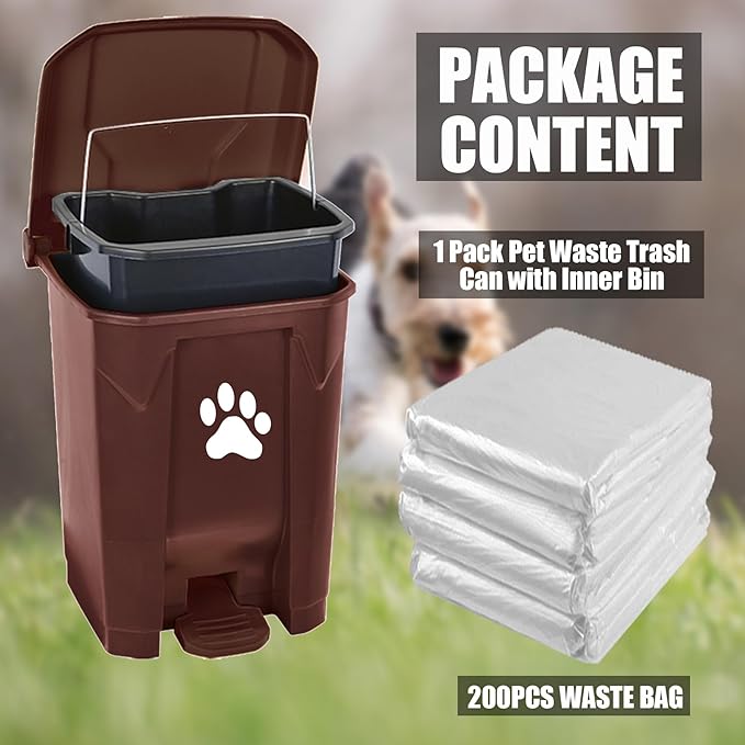 tebiete Dog Poop Trash Can Outdoors Pet Waste Station with Lid Dog Waste Disposal Container with Removable Inner Bin Bucket Hands-Free Pedal Garden Yard Home with Waste Bags, Brown