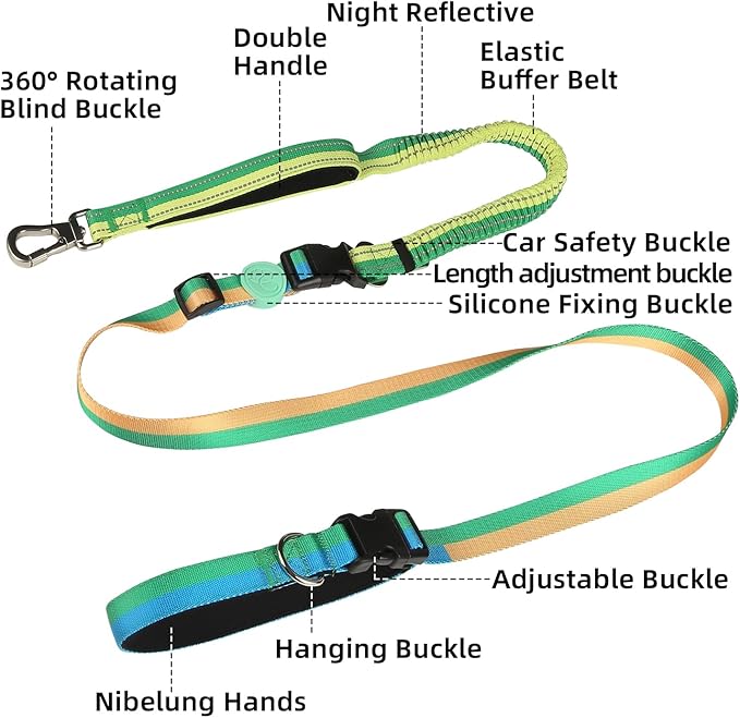 ‌EVERKING 6ft Hands-Free Dog Leash - 6-in-1 Adjustable with 360° Rotating Buckle, Night Reflective & Shock Absorbing for Large/Small Dogs (Up to 120lbs) (Green)
