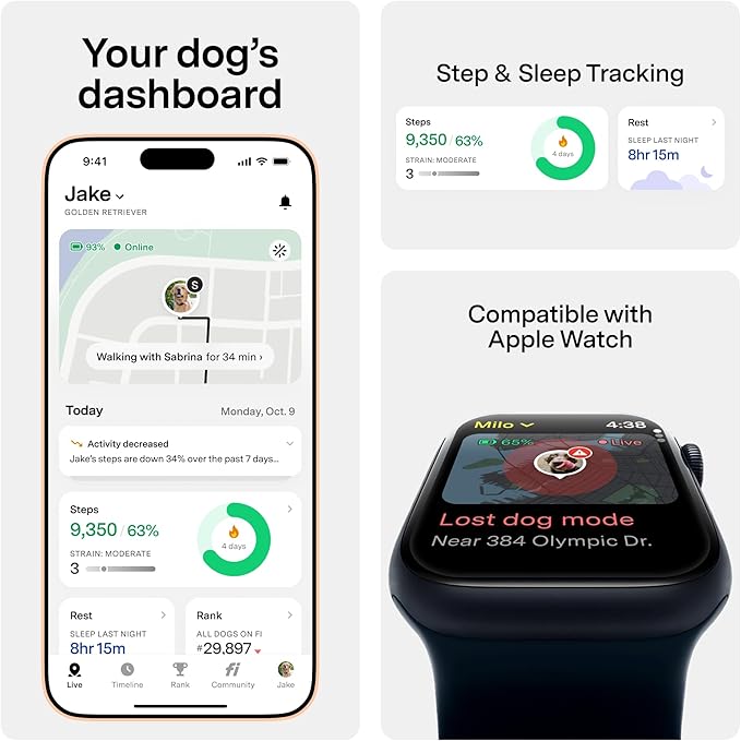 New Fi Series 3+ Smart Dog Tracker Collar [6 Month Membership Included] GPS Tracker for Dogs with Health & Behavior Monitoring, Escape Alerts, Waterproof, LED, Apple Watch Compatible (Yellow, Large)