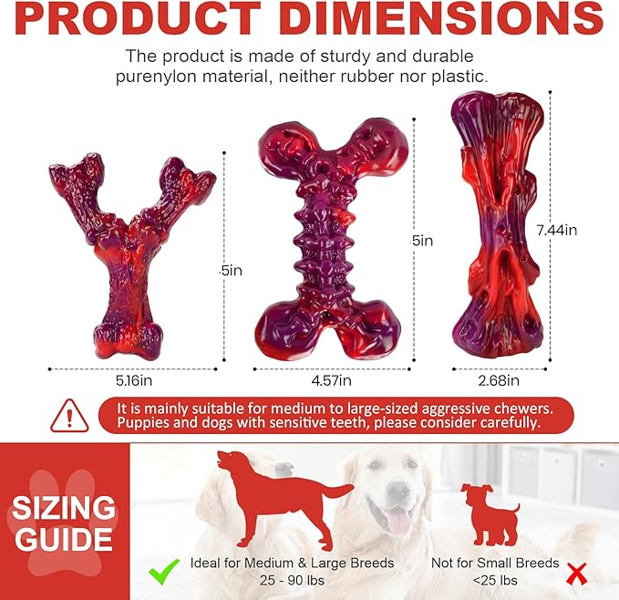 3-Pack Dog Chew Toys for Aggressive Chewers Medium & Large Breed (20-90 lbs), Indestructible Nylon Bones with Beef Flavor, Tough Dental Chews for Boredom & Anxiety, Long Lasting Doggy Gifts