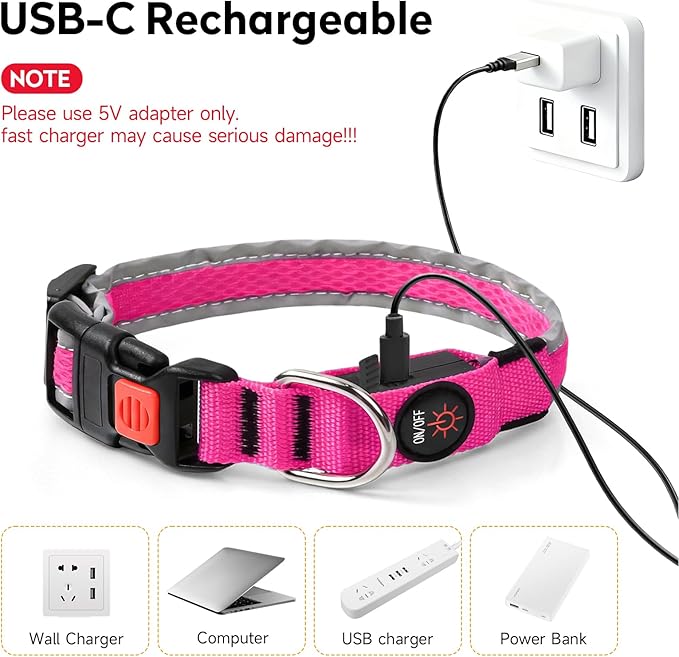 LED Dog Collar, Light Up Dog Collar USB Rechargeable, Nylon Adjustable Comfortable Soft Bright RGB 7 Colors Changeing Safety Light Glowing Collar for Medium and Large Dogs(Large,Pink)