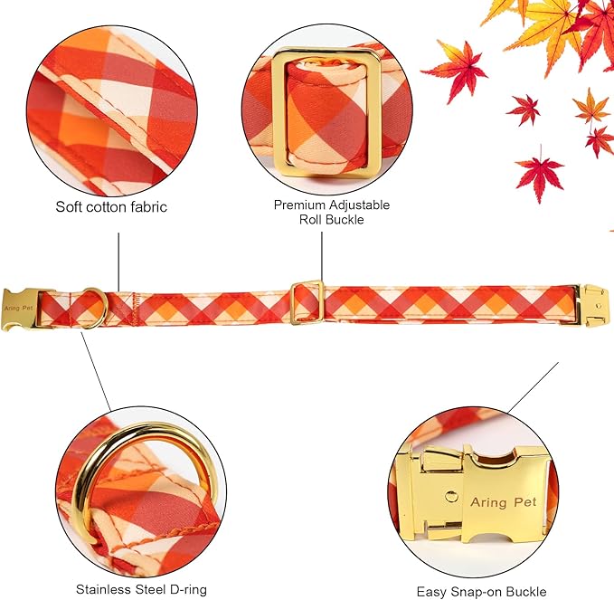 ARING PET Fall Dog Collar with Bow, Halloween Orange Grid Cute Pet Collars with Quick Release Buckle for Puppy Small Medium Large Girl Boy Dogs-S