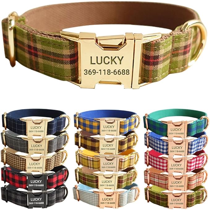 PETDURO Personalized Plaid Dog Collar Tree Green - Engraved Name and Phone Number on Gold Metal Buckle - Custom for Small Medium Large Boy Girl Dogs - Add Leash Bow Tie via Customize Now