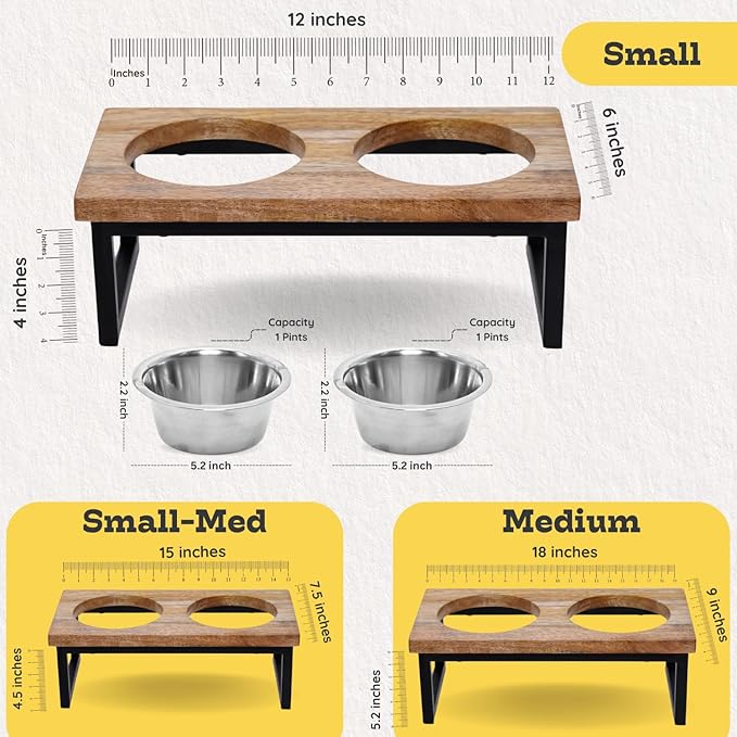 Elevated Dog Bowls, Small 4 Height Mango Wood Raised Dogs Bowl Stand Iron Frame with 16oz 2 Pcs Stainless Steel Pet Dishes | Food & Water 2Cup, 0.47L Capacity Nonslip Cats Feeding Station