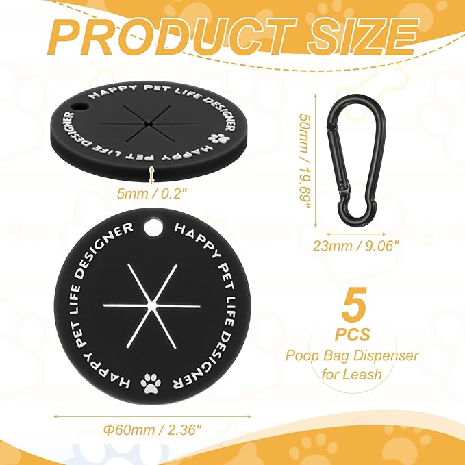 Dog Poop Bag Clip, Dog Poop Bag Holder Round for Dispenser Carrier Hands-Free Lightweight Durable PVC, (Black, 5 Pcs), Intended for Leash/Pet Waste Bag